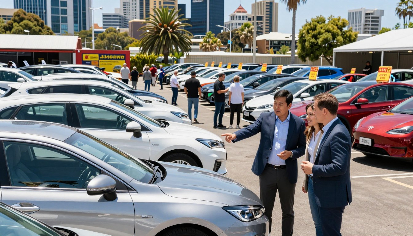 A bustling Perth car market scene, showcasing various vehicles for sale, including sedans, SUVs, and electric cars, all organized in neat rows. In the foreground, a friendly, professional car dealer in smart attire discusses with a happy couple, pointing to a shiny sedan. In the middle ground, buyers browse cars, inspecting details, while a vibrant display of price tags and features can be seen on the vehicles. The background features a sunny Perth skyline with palm trees and modern buildings, creating a lively atmosphere. The lighting is bright and clear, capturing the excitement of a busy market day. Use a medium angle to emphasize both the cars and the engaging interactions between buyers and sellers, conveying a sense of community and collaboration.