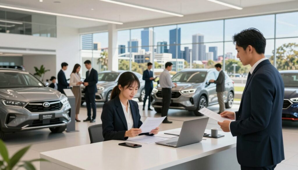 A bustling car buying service in Perth, featuring a modern, sleek office space in the foreground with friendly sales representatives in professional business attire assisting customers. In the middle, a diverse group of individuals reviews paperwork and inspects vehicles, showcasing a variety of cars, from sedans to SUVs. The background reveals a vibrant city skyline of Perth under a bright blue sky, enhancing the lively atmosphere. Soft, natural lighting streams through large windows, creating an inviting ambiance. The image captures a sense of trust and professionalism, illustrating the efficient service and customer satisfaction associated with car buying services in Perth. Use a wide-angle lens to emphasize the dynamic interactions within this automotive environment.