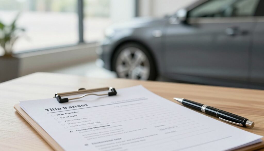 A clean and organized workspace featuring a detailed checklist for selling a car on a wooden desk. In the foreground, a clipboard holds the paperwork checklist, with bullet points including "title transfer," "bill of sale," and "vehicle history report." A pen lies next to the clipboard. In the middle ground, blurred outlines of a car can be seen, representing the vehicle being sold. The background showcases a soft, natural light coming from a window, creating an inviting and professional atmosphere. The image is captured with a shallow depth of field, focusing on the checklist, conveying a sense of clarity and importance in preparing for selling a car. The overall mood is efficient and focused, ideal for someone planning their paperwork for this important transaction.