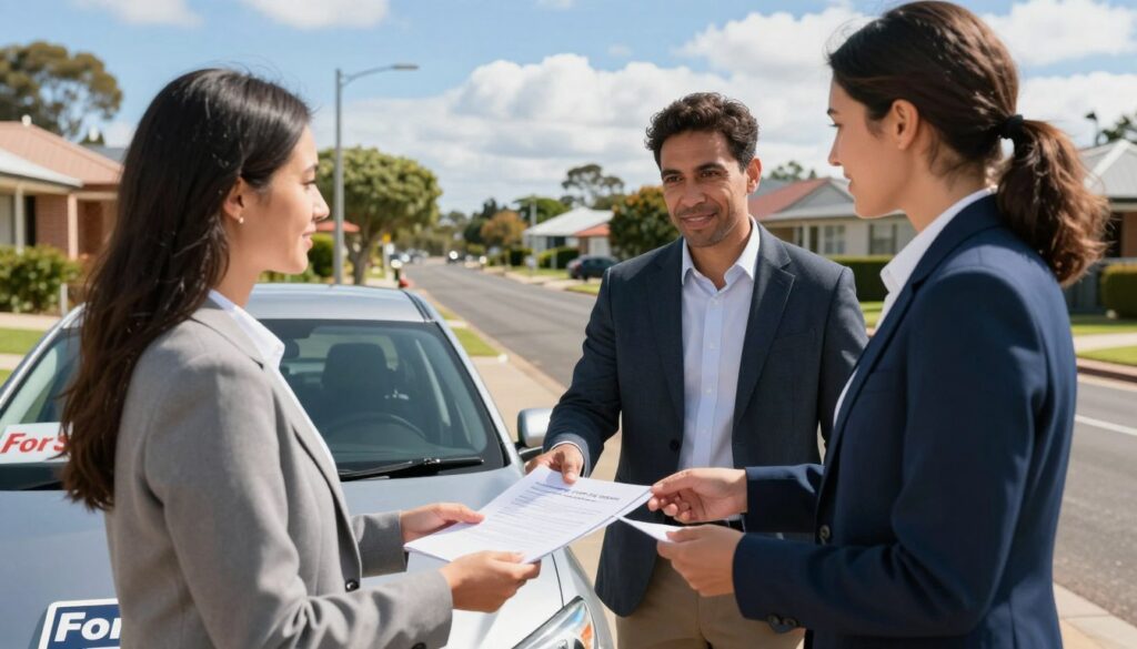 A professional and informative scene illustrating the transfer of ownership process for a car sale in Western Australia. In the foreground, a diverse group of two business professionals, a man and a woman, dressed in business attire, are engaged in a conversation, exchanging papers, symbolizing the signing of ownership documents. In the middle ground, a sleek car is parked with a “For Sale” sign partially visible. In the background, a clear blue sky with soft clouds enhances the outdoor setting, while a charming suburban street unfolds, with houses and trees lining the road. The lighting is bright and natural, suggesting a sunny day, creating an optimistic and trustful atmosphere surrounding the transaction. The photo is captured at a slight angle to emphasize the interaction and convey a sense of professionalism and clarity in the ownership transfer process.