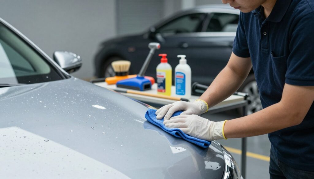 A well-lit car detailing scene in a professional garage setting, showcasing a certified detailer in smart casual attire meticulously cleaning a sleek, shiny sedan. The foreground features water droplets glistening on the freshly polished car surface, while the detailer's hands, wearing gloves, hold a microfiber cloth. In the middle ground, various detailing tools like brushes, vacuum, and polish bottles are neatly arranged on a clean workbench. The background includes a well-organized garage with soft ambient lighting, highlighting the clean and tidy environment. Create an atmosphere of professionalism and care, emphasizing the meticulous effort involved in preparing a car for sale, with a focus on cleanliness and attention to detail. A well-lit car detailing scene in a professional garage setting, showcasing a certified detailer in smart casual attire meticulously cleaning a sleek, shiny sedan. The foreground features water droplets glistening on the freshly polished car surface, while the detailer's hands, wearing gloves, hold a microfiber cloth. In the middle ground, various detailing tools like brushes, vacuum, and polish bottles are neatly arranged on a clean workbench. The background includes a well-organized garage with soft ambient lighting, highlighting the clean and tidy environment. Create an atmosphere of professionalism and care, emphasizing the meticulous effort involved in preparing a car for sale, with a focus on cleanliness and attention to detail.