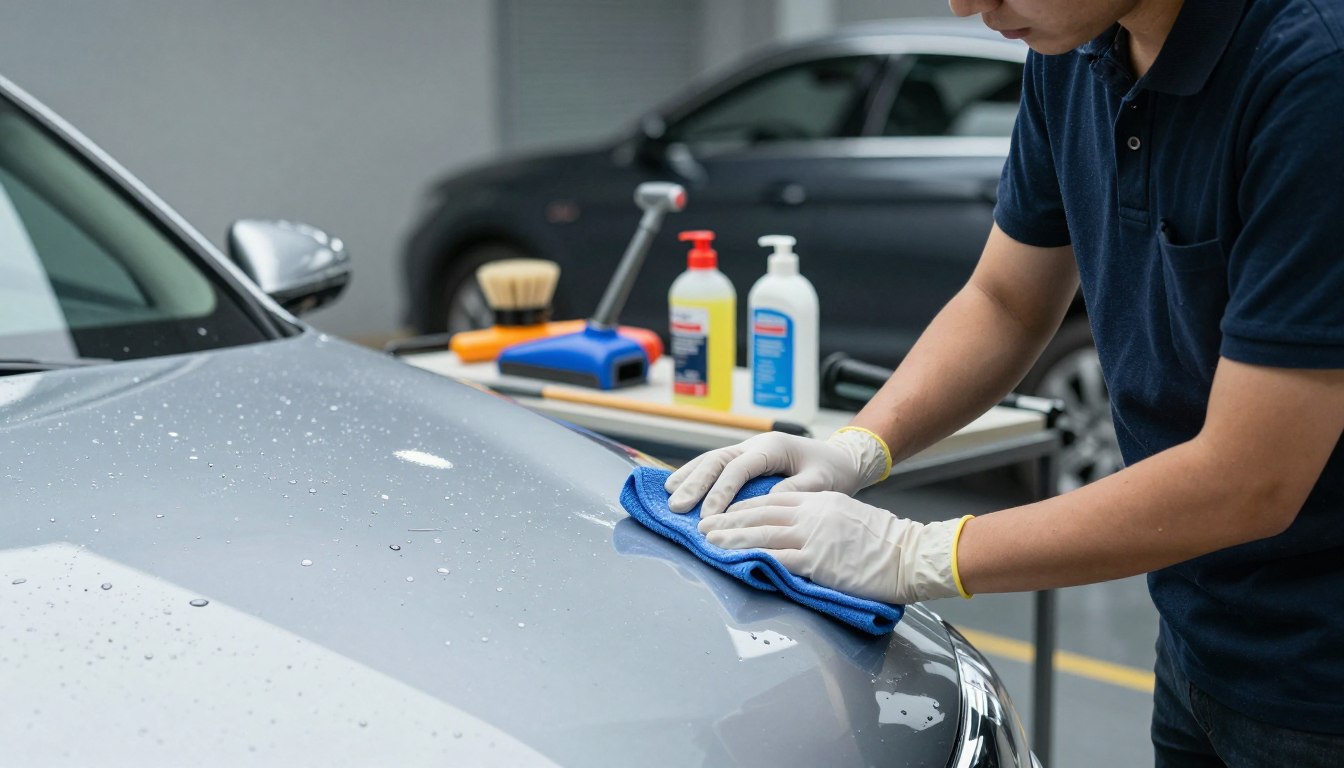 A well-lit car detailing scene in a professional garage setting, showcasing a certified detailer in smart casual attire meticulously cleaning a sleek, shiny sedan. The foreground features water droplets glistening on the freshly polished car surface, while the detailer's hands, wearing gloves, hold a microfiber cloth. In the middle ground, various detailing tools like brushes, vacuum, and polish bottles are neatly arranged on a clean workbench. The background includes a well-organized garage with soft ambient lighting, highlighting the clean and tidy environment. Create an atmosphere of professionalism and care, emphasizing the meticulous effort involved in preparing a car for sale, with a focus on cleanliness and attention to detail.